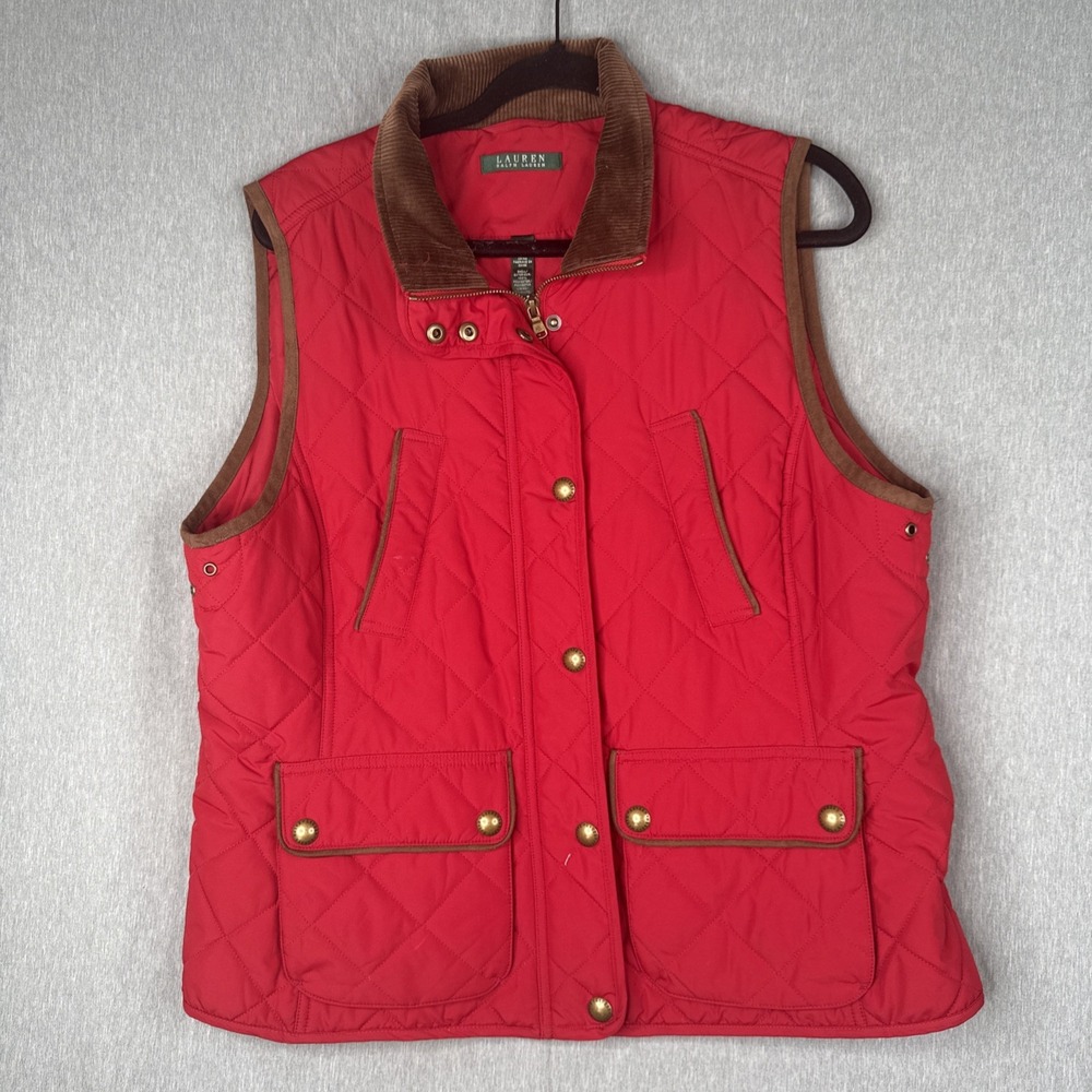 Lauren Ralph Lauren Red Quilted Vest Corduroy Trim Womens XL Equestrian Puffer